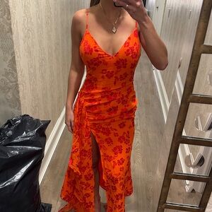 NBD Vibrant Orange Floral Asymmetrical Dress